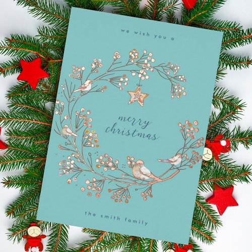 Gold  Winter Ice Blue Wreath Christmas  New Year Foil Holiday Card