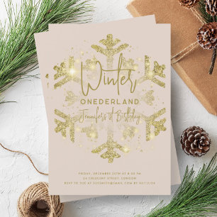 Gold Winter ONEDERLAND 1st Birthday Glitter Beige Invitation