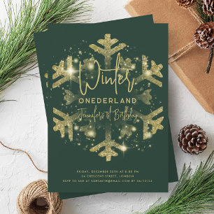 Gold Winter ONEDERLAND 1st Birthday Glitter Green Invitation