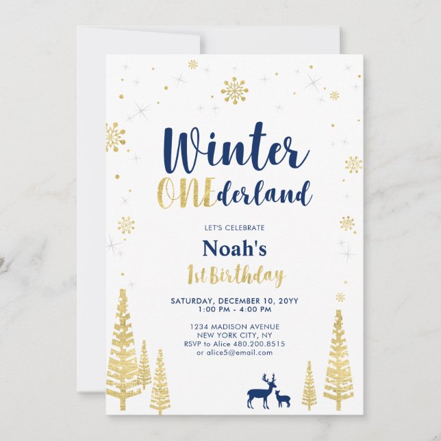Gold Winter Onederland 1st Boy Birthday Invitation (Front)