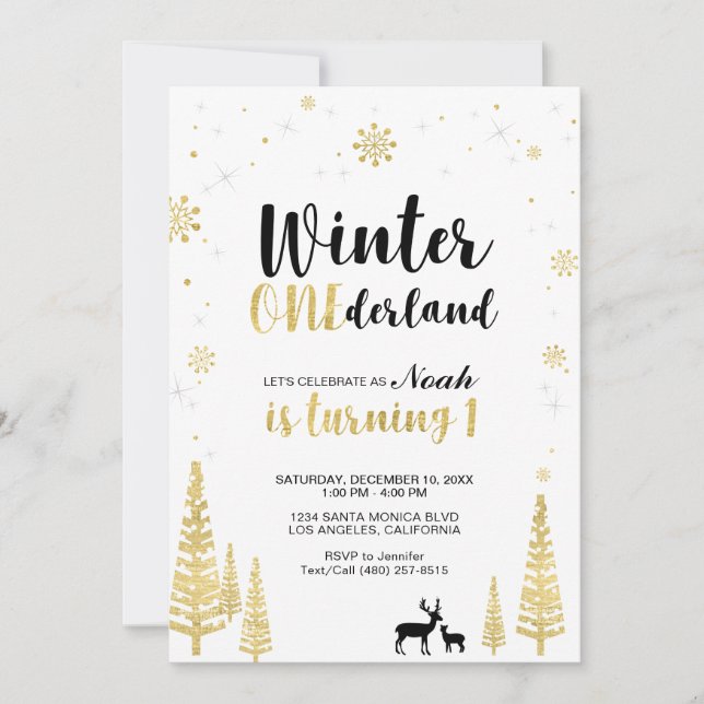 Gold Winter Onederland 1st Boy Birthday Invitation (Front)