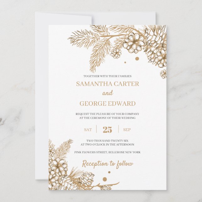 Gold winter pane and cones modern chic wedding invitation (Front)
