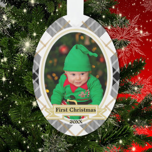 Gold Winter Plaid First Christmas Photo Ornament