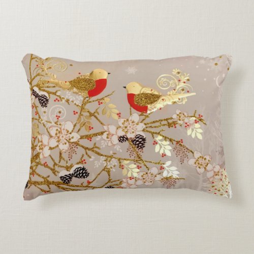 Gold Winter Snow Birds Country Christmas Accent Pillow