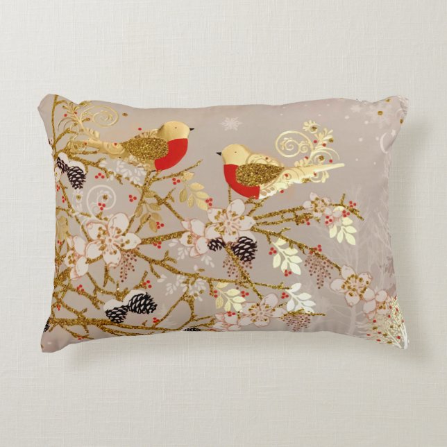 Gold Winter Snow Birds Country Christmas Accent Pillow (Front)