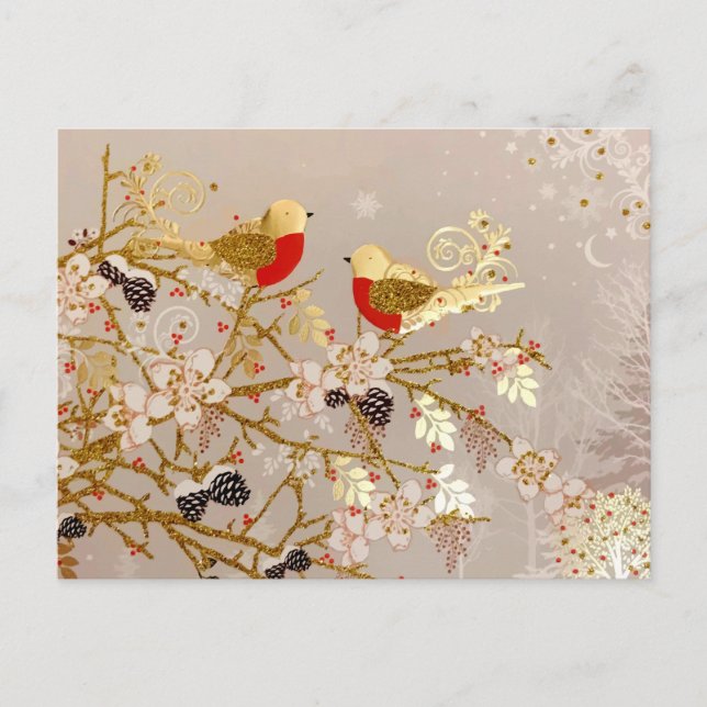 Gold Winter Snow Birds Country Christmas Announcement Postcard (Front)