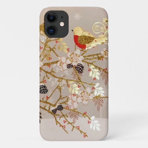 Gold Winter Snow Birds Country Christmas iPhone 11 Case