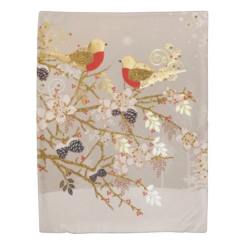 Gold Winter Snow Birds Country Christmas Duvet Cover