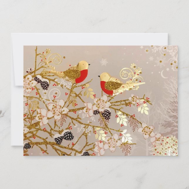 Gold Winter Snow Birds Country Christmas Holiday Card (Front)
