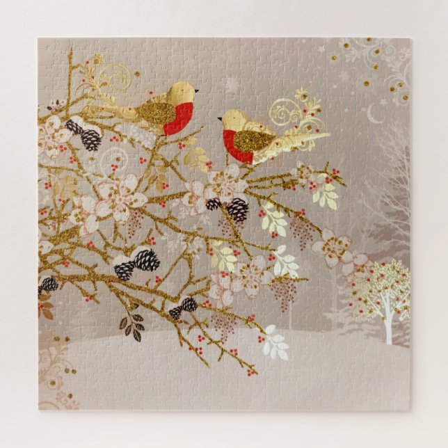 Gold Winter Snow Birds Country Christmas Jigsaw Puzzle (Vertical)