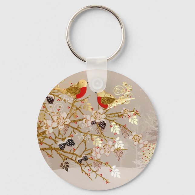 Gold Winter Snow Birds Country Christmas Keychain (Front)