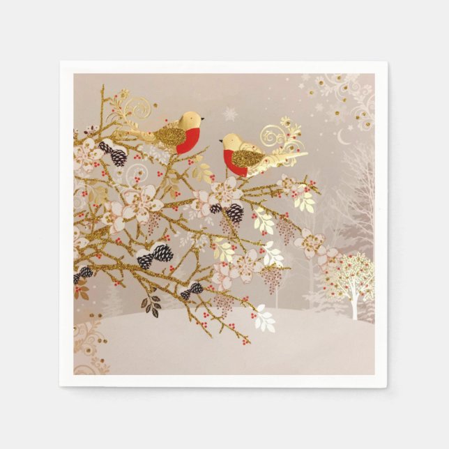 Gold Winter Snow Birds Country Christmas Napkins (Front)