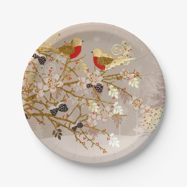 Gold Winter Snow Birds Country Christmas Paper Plates (Front)