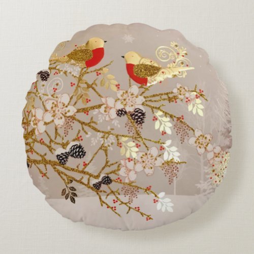 Gold Winter Snow Birds Country Christmas Round Pillow