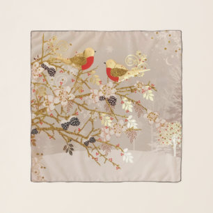 Gold Winter Snow Birds Country Christmas Scarf