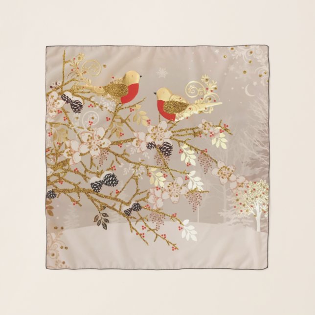 Gold Winter Snow Birds Country Christmas Scarf (Front)