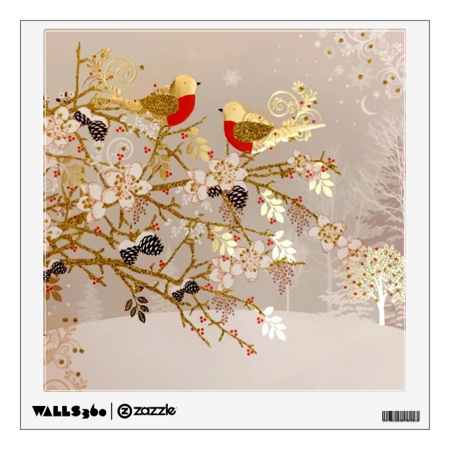 Gold Winter Snow Birds Country Christmas Wall Decal (Front)