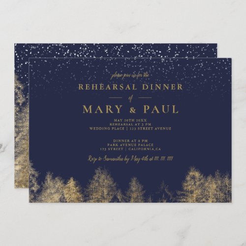 Gold Winter snow navy blue pine rehearsal dinner Invitation