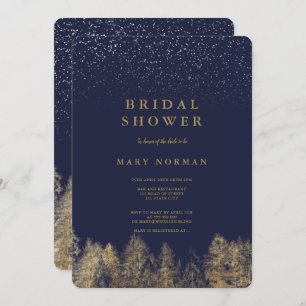Gold Winter snow navy blue pine tree bridal shower Invitation