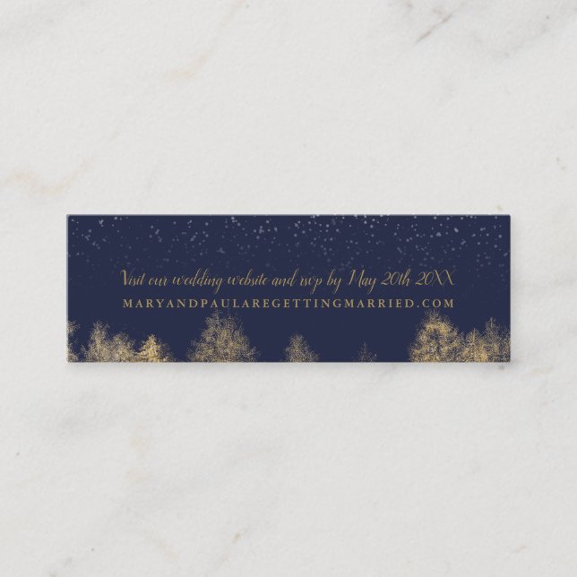 Gold Winter snow navy blue trees wedding detail Mini Business Card (Front)