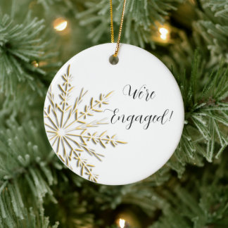 Gold Winter Snowflake on White Engagement Ceramic Ornament