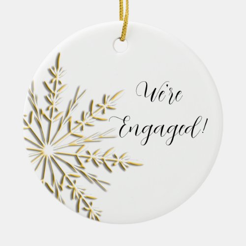 Gold Winter Snowflake on White Engagement Ceramic Ornament