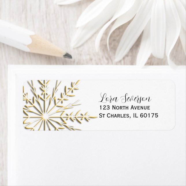 Gold Winter Snowflake on White Return Address Label (Insitu)