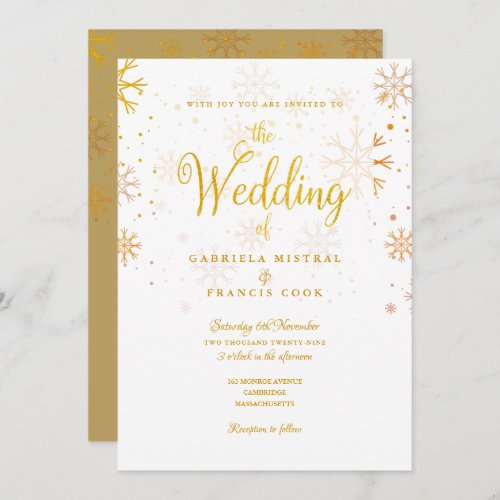 Gold Winter Snowflakes Elegant Script Wedding Invi Invitation