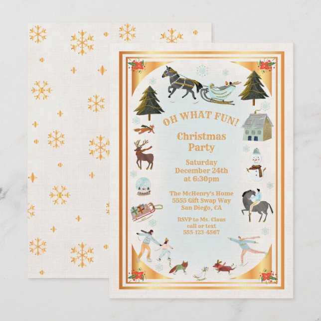 Gold Winter Village scene Christmas Party Invitation (Front/Back)