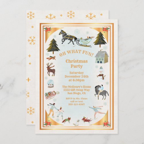 Gold Winter Village scene Christmas Party Invitation