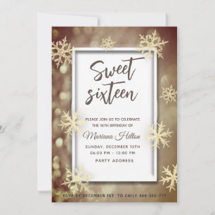 Gold winter wonderland bokeh snowflakes invitation
