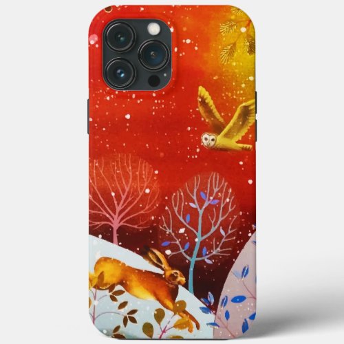 Gold Winter Woodland Rabbit Owl Watercolor iPhone 13 Pro Max Case