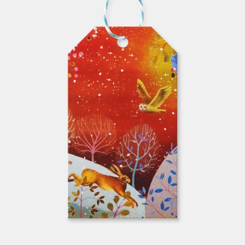 Gold Winter Woodland Rabbit Owl Watercolor Gift Tags