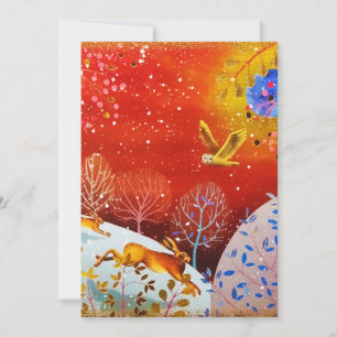 Gold Winter Woodland Rabbit Owl Watercolor Holiday Card