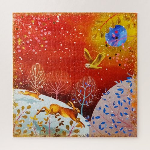 Gold Winter Woodland Rabbit Owl Watercolor Jigsaw Puzzle