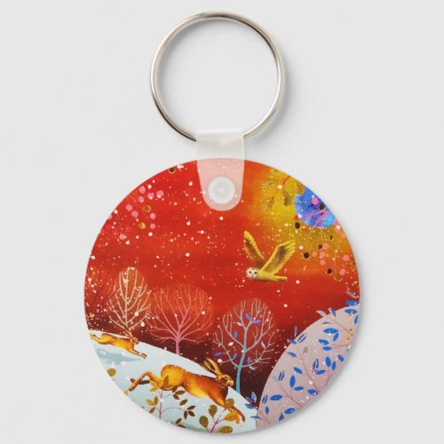 Gold Winter Woodland Rabbit Owl Watercolor Keychain