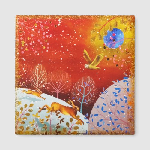 Gold Winter Woodland Rabbit Owl Watercolor Magnet