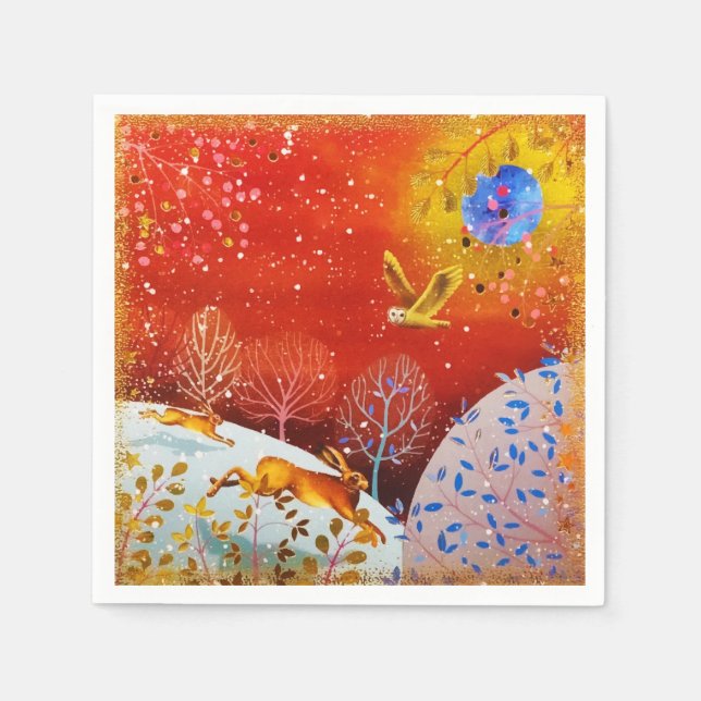 Gold Winter Woodland Rabbit Owl Watercolor Napkins (Front)