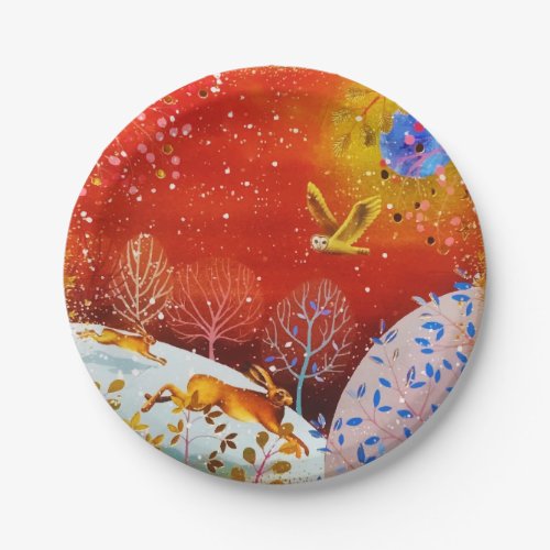 Gold Winter Woodland Rabbit Owl Watercolor Paper Plates
