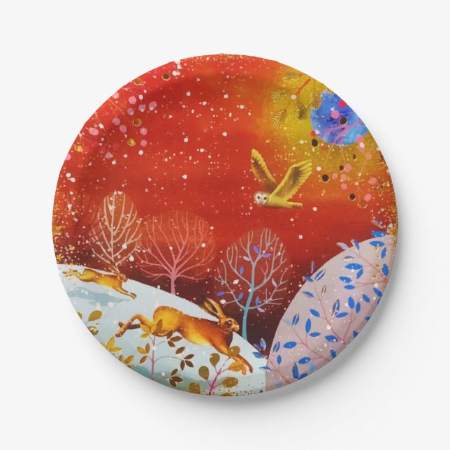 Gold Winter Woodland Rabbit Owl Watercolor Paper Plates (Front)
