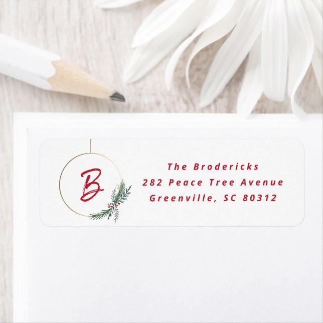 Gold wire wreath monogram holiday return address label (Insitu)