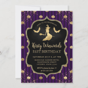Gold Witch and Pumpkin Stripes 21st Birthday Invitation