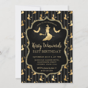 Gold Witch and Stripes Pattern 21st Birthday Invitation