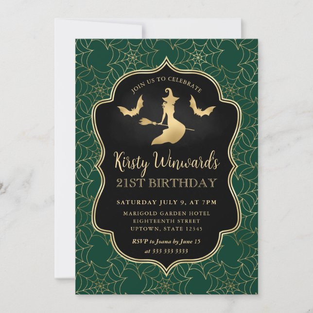 Gold Witch Frame and Cobwebs 21st Birthday Invitation (Front)