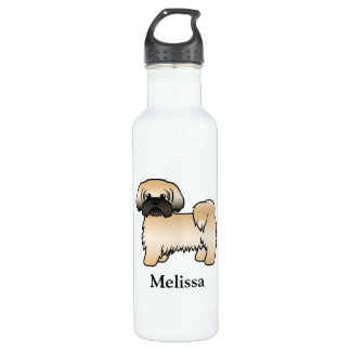 Gold With Black Mask Shih Tzu Cartoon Dog &amp; Name Stainless Steel Water Bottle