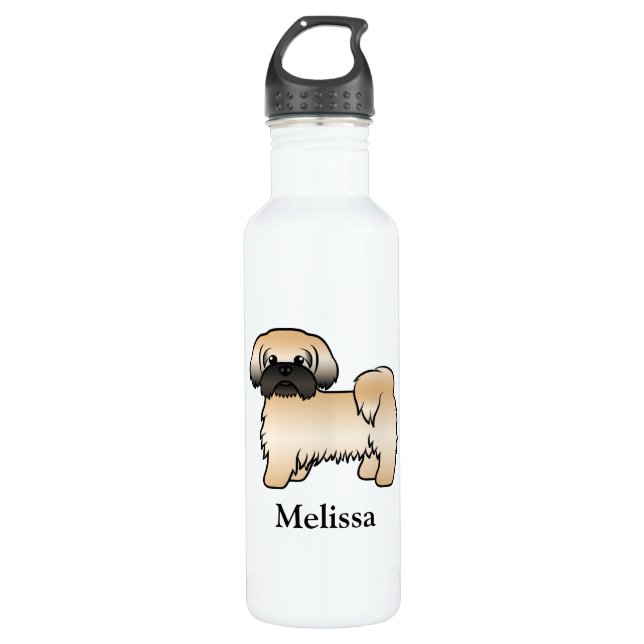 Gold With Black Mask Shih Tzu Cartoon Dog & Name Stainless Steel Water Bottle (Front)