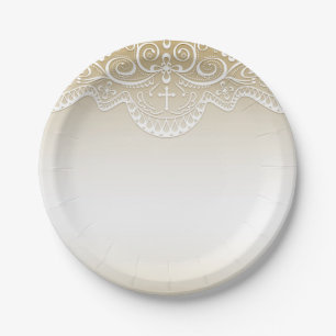 Gold with Lace, Cross, Religious Paper Plates