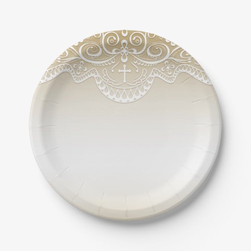 Gold with Lace Cross Religious Paper Plates