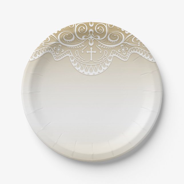 Gold with Lace, Cross, Religious Paper Plates (Front)