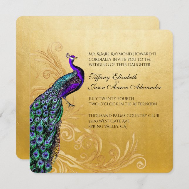 Gold With Peacock Wedding Invitation (Front/Back)